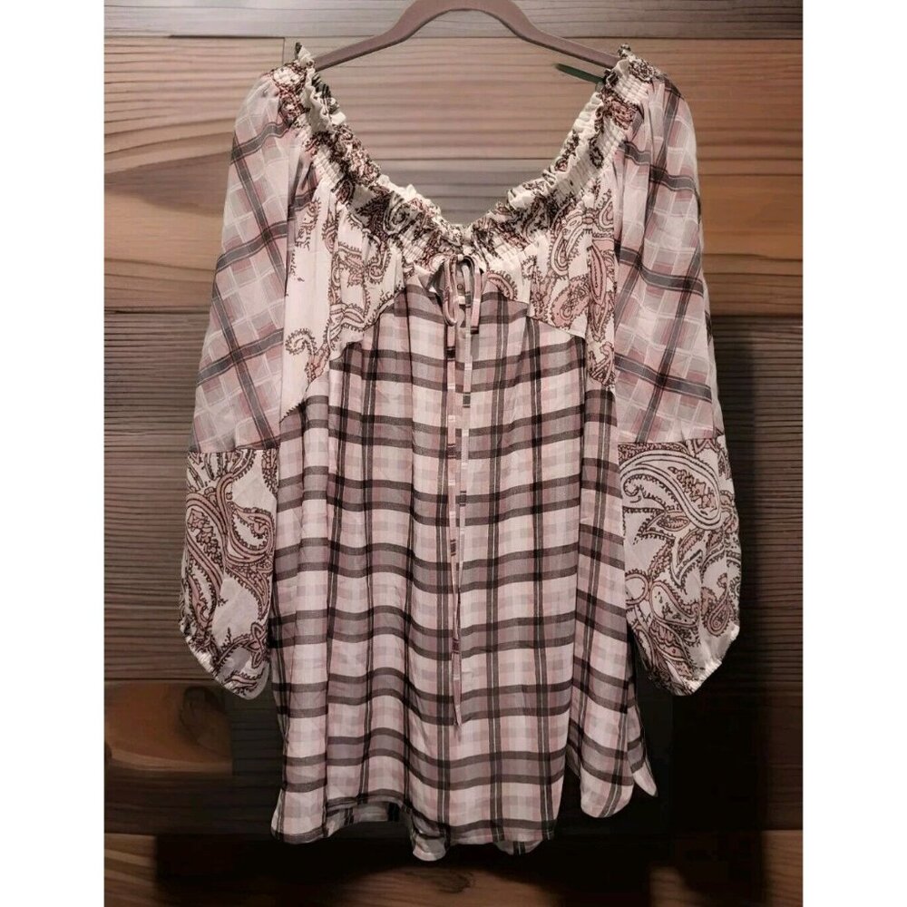 New Loft Pink Gray Multi Pattern Chiffon Peasant Top Sz XL